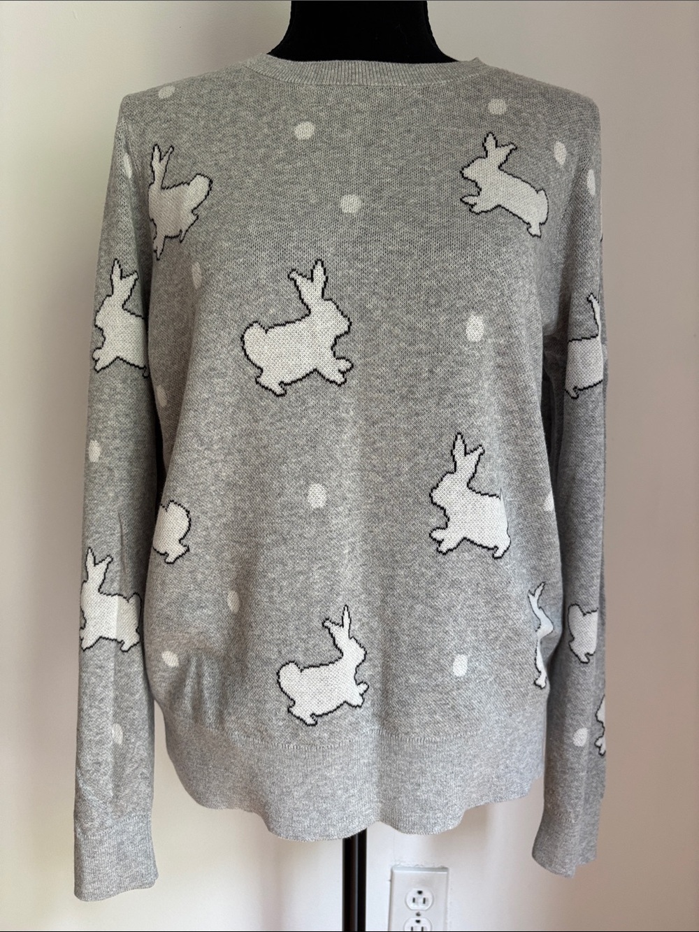 NWT LOFT Easter bunnies bunny long sleeve crewneck sweater gray white M